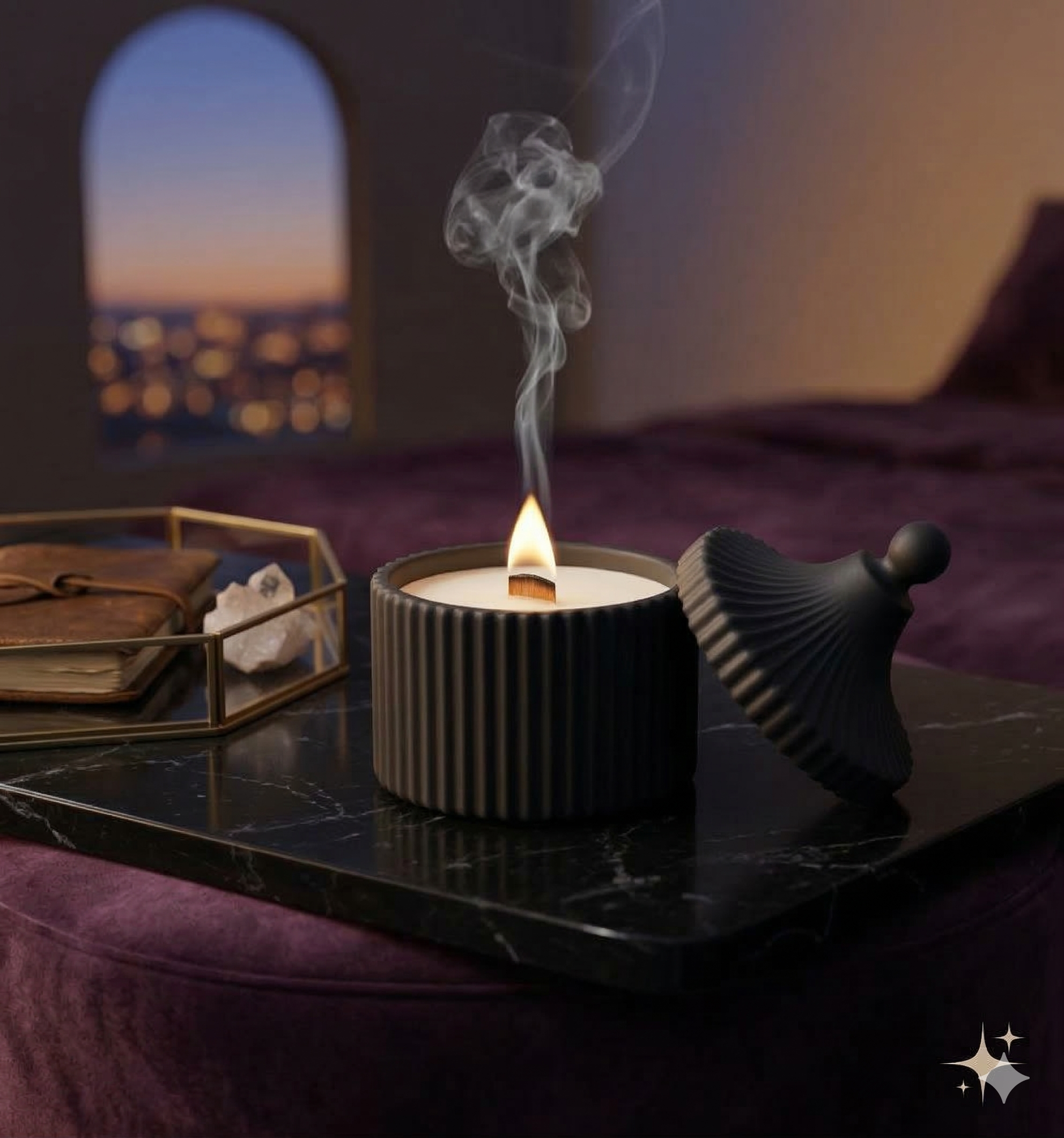 Midnight Matte Black Ribbed Scented Candle with Matching Fluted Lid – Premium Wooden Wick Luxury