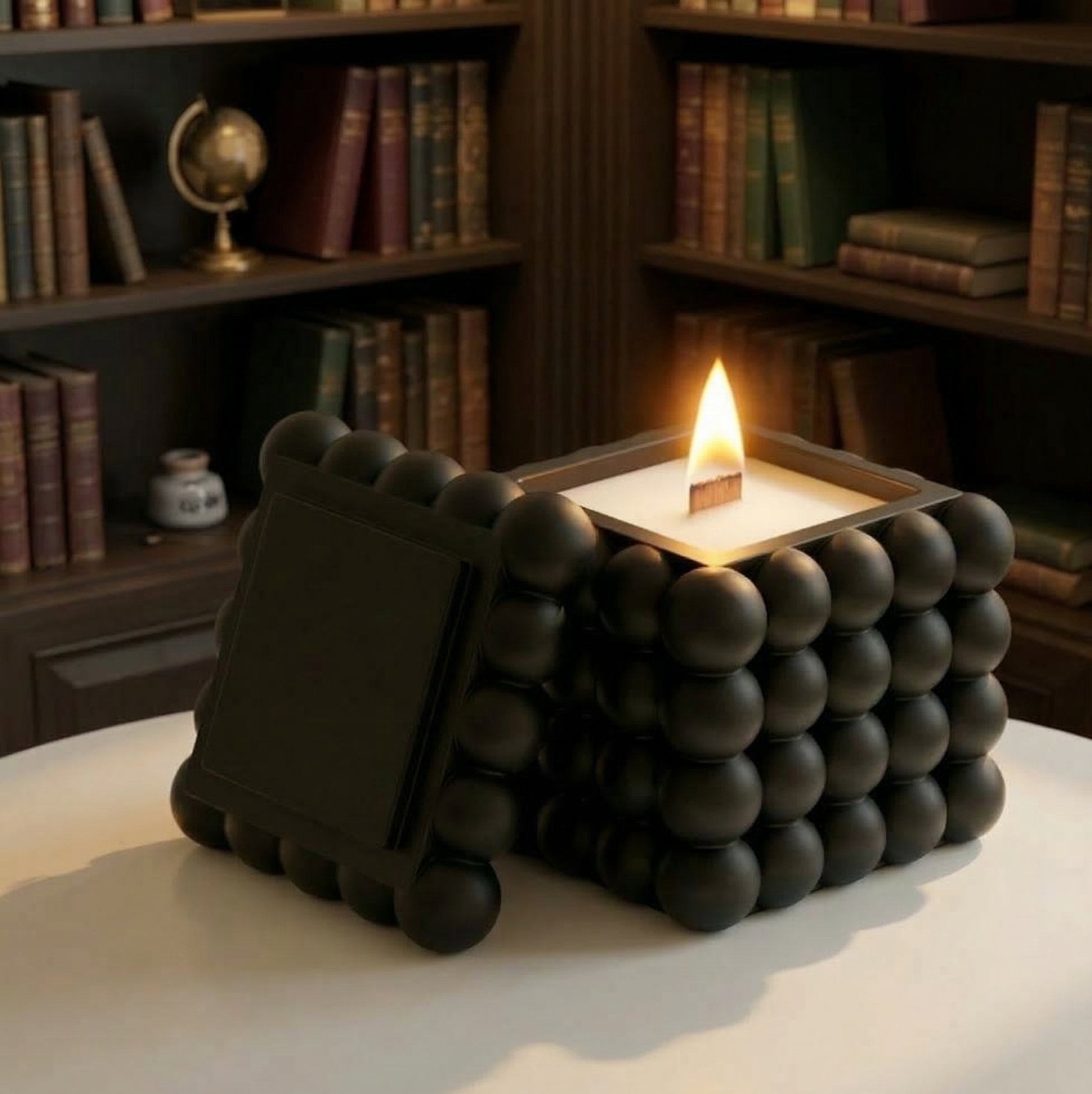 Midnight Matte Black Bubble Cube Candle | Hand-Poured Luxury Decor with Natural Wooden Wick