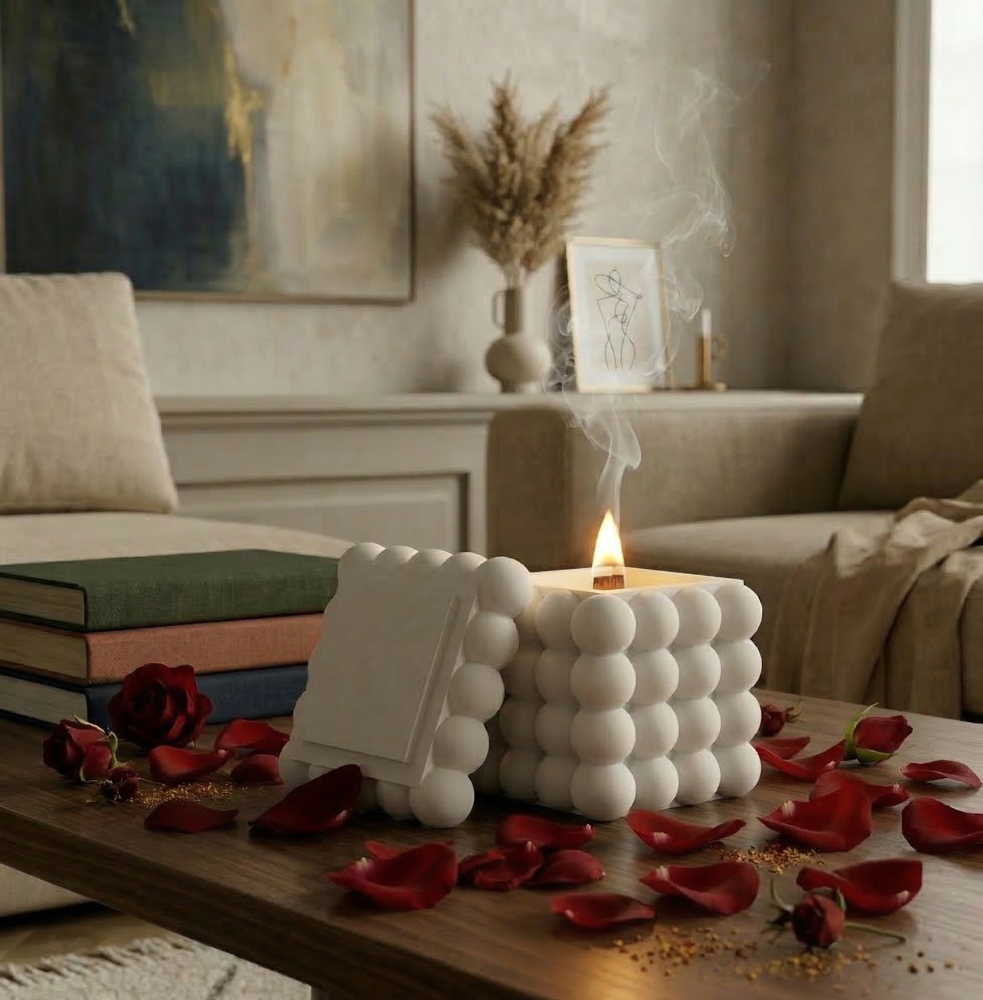 Hand-Crafted White Bubble Cube Scented Candle | Minimalist Luxury Decor with Wooden Wick