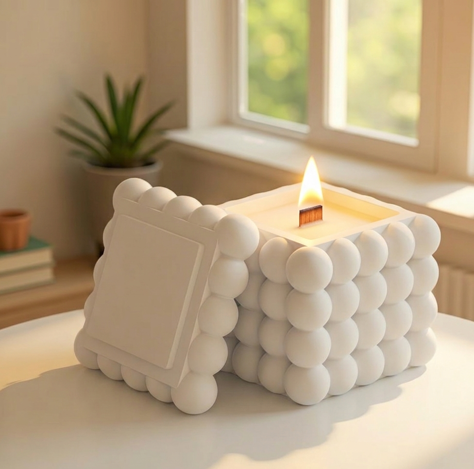 Hand-Crafted White Bubble Cube Scented Candle | Minimalist Luxury Decor with Wooden Wick
