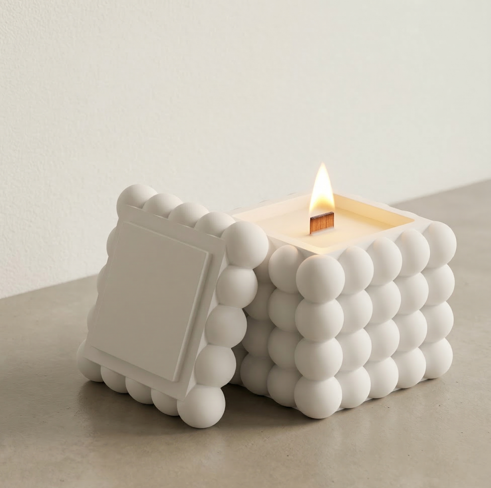 Hand-Crafted White Bubble Cube Scented Candle | Minimalist Luxury Decor with Wooden Wick