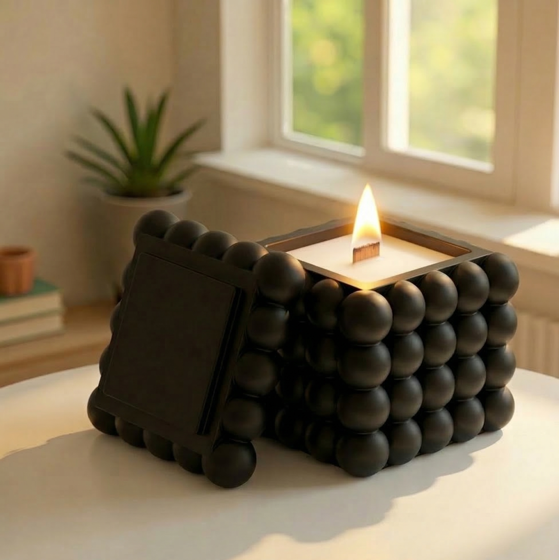 Midnight Matte Black Bubble Cube Candle | Hand-Poured Luxury Decor with Natural Wooden Wick